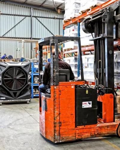 FoxAir Portable air cooler in an industrial warehouse